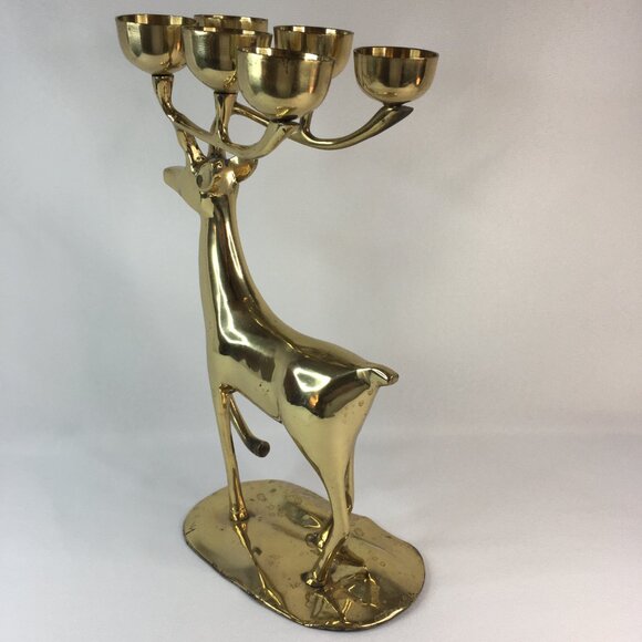 Vintage Brass Deer Candelabra Candle Holder 6 Votive Christmas Reindeer Decor - Picture 4 of 16